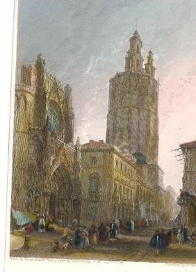 VALENCE, PIAZA CATEDRAL, Spain, old print, engraving, plates