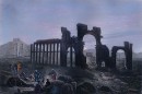 PALMYRE vue de l'arc de triomphe de la grande colonnade d'un temple et du château